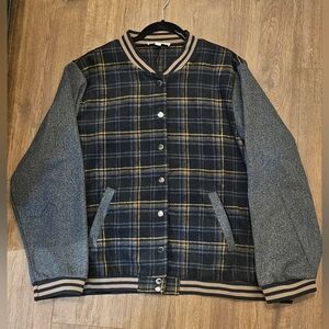 Plaid Varsity Jacket with Gray Sleeves